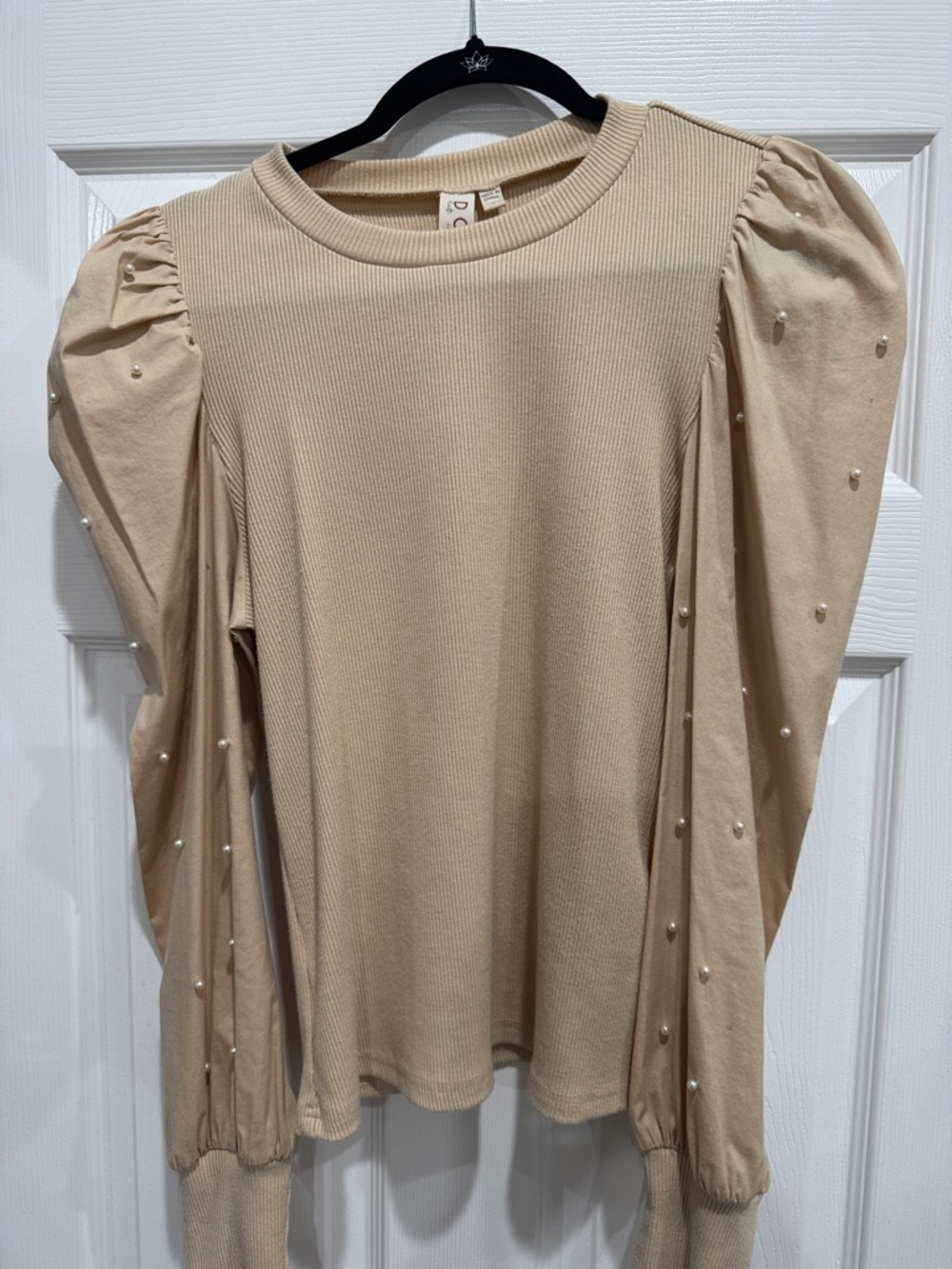 dolan Beige Puff Sleeve Pearl-Detail Top